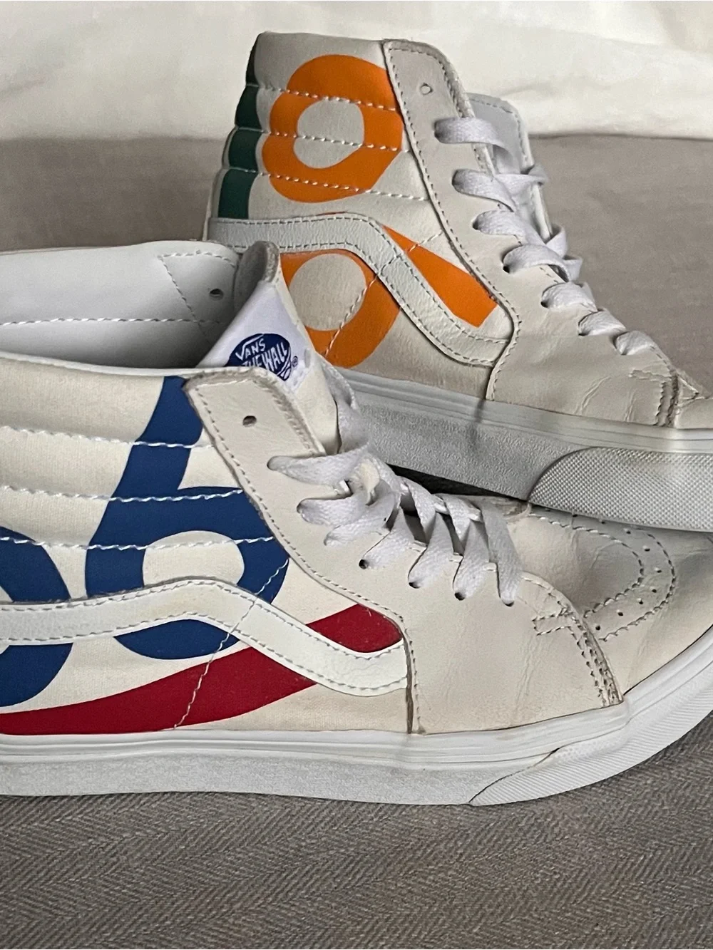 Vans Sk8-Hi Deck Club 66 White Leather High Top Skate Sneakers w/ Bold Graphics
